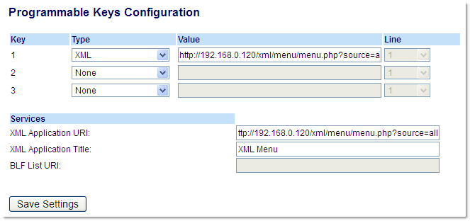 Teclas de línea y teclas programables Configuración de una tecla XML Interfaz de usuario Web de Mitel 1. Haga clic en Modo de funcionamiento > Teclas programables. 2.