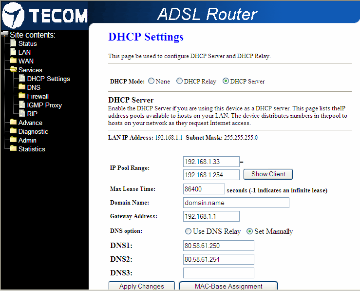 Acceda al menú web del router Services DHCP Settings para activar su modem como DHCP Server y que