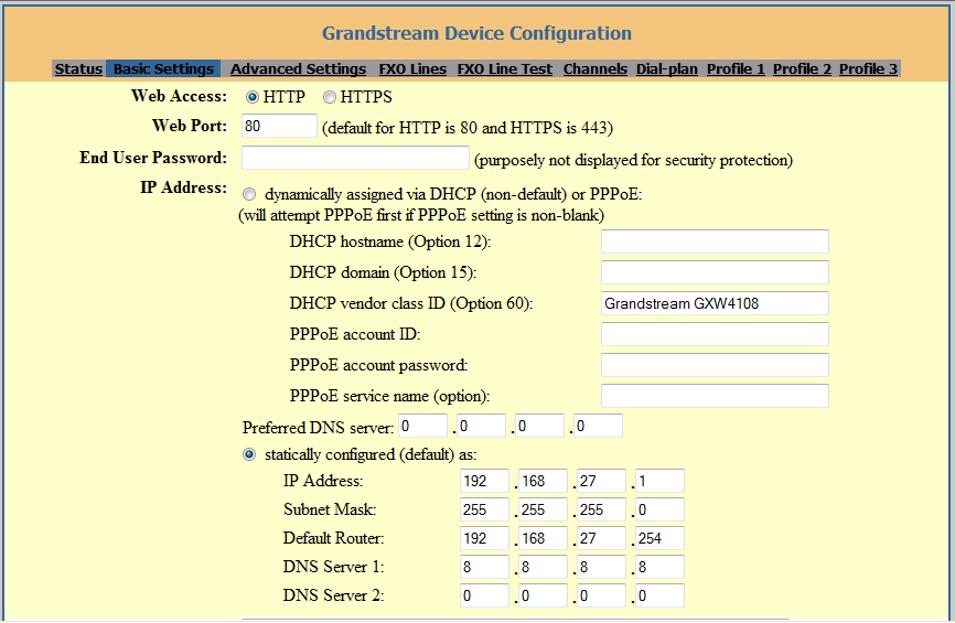 73 Como primer paso en la configuración del Gateway, asignarle una dirección IP al equipo, para nuestro caso configuraremos la dirección IP 192.168.27.1/24 con puerta de enlace 192.168.27.254.