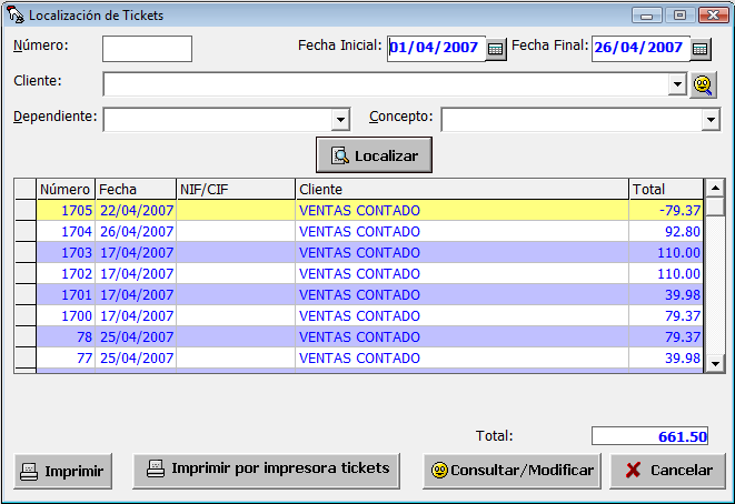 SoftPyme - Manual del programa InterTPV - 27/69 5.5.- Cómo consultar, modificar o eliminar tickets. Realizar la modificación de algún ticket ya introducido es bastante sencillo.
