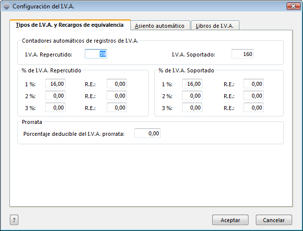ContaSol 2010 Diario/IVA 79 Configuraciones Para facilitar la entrada de registros en el libro de I.V.A. el programa permite configurar los siguientes parámetros: Contador automático de I.V.A. Repercutido e I.