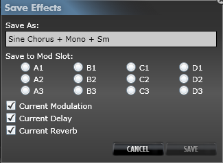 Efectos en rack 2.0 Haga clic en cualquiera de estas cuatro ranuras {A} a la derecha del icono de amplificador para elegir un efecto y abrir la pantalla de edición de efectos en rack.