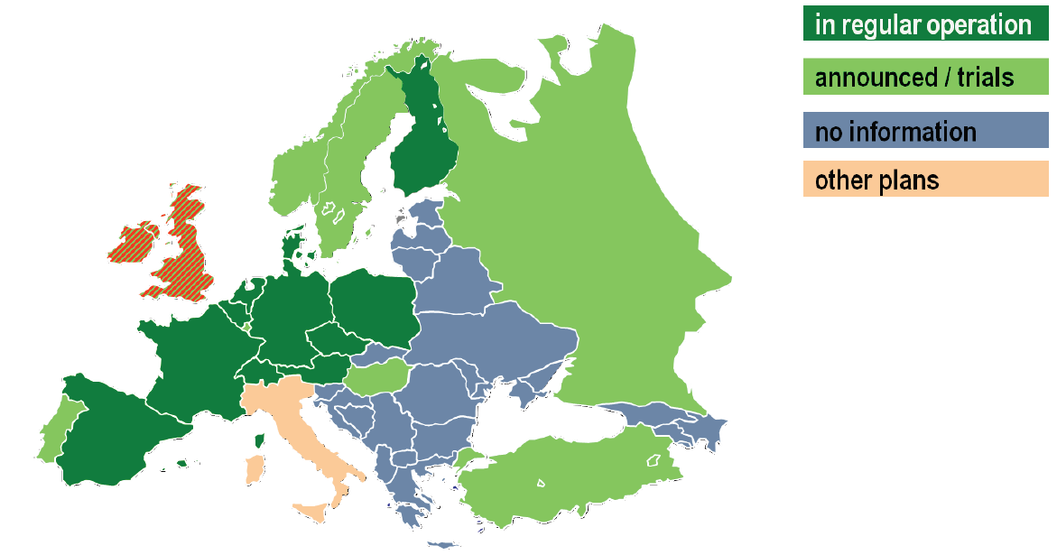 Fig. 10 Despliegue de HbbTV en Europa Aunque no en todos los países que han adoptado existe el mismo despliegue en la reunión del foro HbbTV llevado a cabo en Holanda en Marzo del 2014, se detalla un