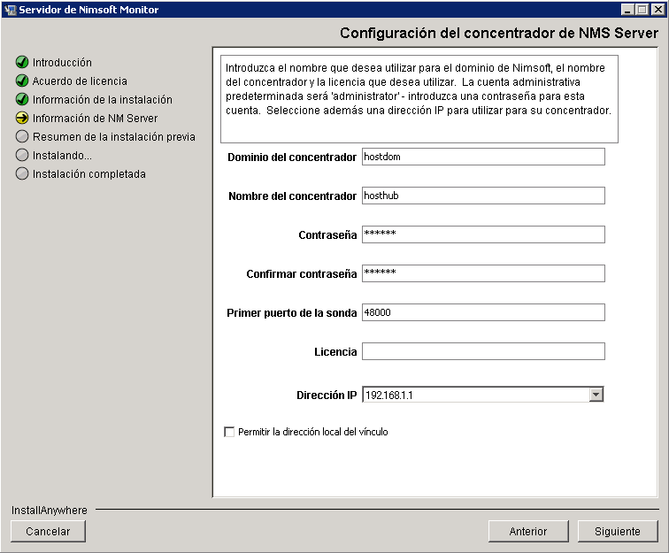 Instalación del servidor de Nimsoft en Windows e. Licencia: introduzca la clave de licencia de la misma manera que aparece en el documento de licencia de Nimsoft.
