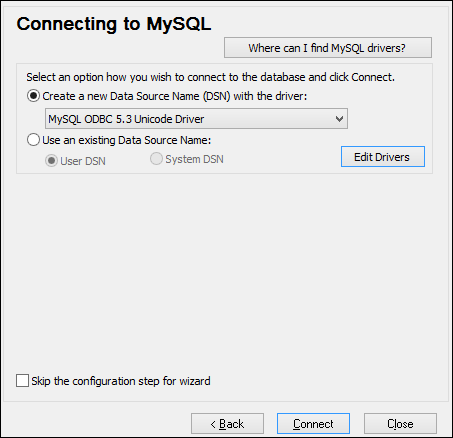 202 Conectarse a una base de datos 3. 4. Ejemplos Seleccione Crear un nombre de origen de datos nuevo (DSN) con el controlador y seleccione un controlador MySQL.