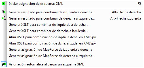 300 Referencia del usuario Menú Comparar y combinar Iniciar asignación de esquemas XML F5 Este comando crea asignaciones entre los esquemas de la ventana de comparación de esquemas XML.