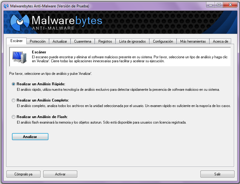 Imagen 47: Pantalla principal de MalwareBytes Antimalware.