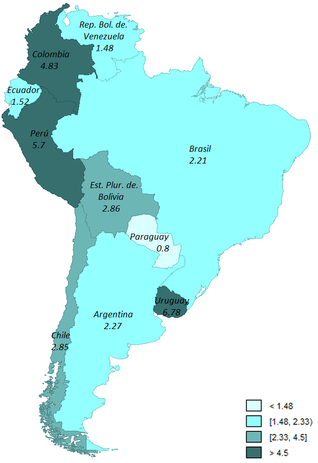 Estado de la banda ancha en América Latina y el Caribe Mapa 3 (conclusión) C. Velocidades de descarga, banda ancha móvil (Mbps) D.