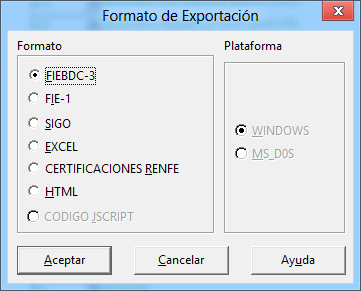 Exportar Esta opción transforma una obra a los formatos FIEBDC-3, FIE-1, a un formato (.