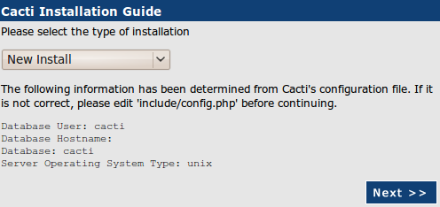 Configurando Cacti. Ahora tiene que apuntar su navegador a http://serverip/cacti precione Enter.