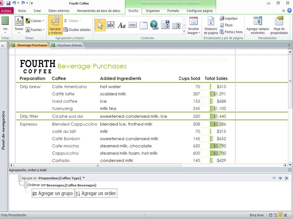 Figura 1 Las herramientas contextuales aparecen automáticamente, por ejemplo, al diseñar un informe. Vista Backstage de Microsoft Office Nuevo!