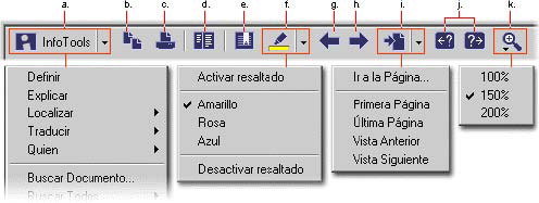 Navegar, explorar el documento Barra de herramientas Reader Ebrary La barra de herramientas del ebrary Reader provee acceso a los siguientes controles: a.