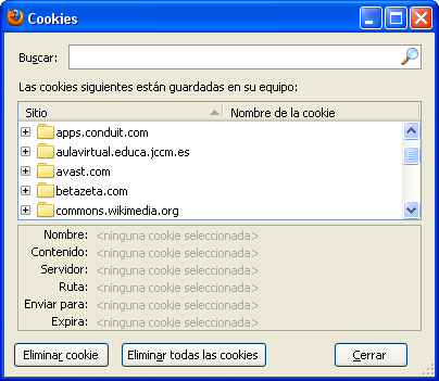Si pulsamos en Mostrar cookies podemos comprobar las galletas que el navegador guarda En el menú de el navegador Google Chrome en la barra de herramientas del navegador, Selecciona Configuración.