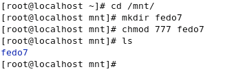 Ahora instalamos los módulos del kernel en el sistema de archivos a utilizar, para lo cual creamos una carpeta dentro de /mnt llamada fedo7, le damos los permisos respectivos.