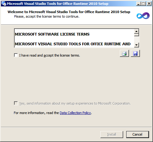 MICROSOFT VISUAL STUDIO TOOLS FOR OFFICE El primer prerrequisito que se instala es el denominado Microsoft Visual Studio Tools For Office, para lo cual se muestra la siguiente ventana: En la ventana