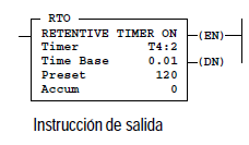 Temporizador tipo TOFF Temporizador tipo RTO Use la instrucción RTO para activar o desactivar una salida después que el temporizador haya estado desactivado durante un intervalo de tiempo
