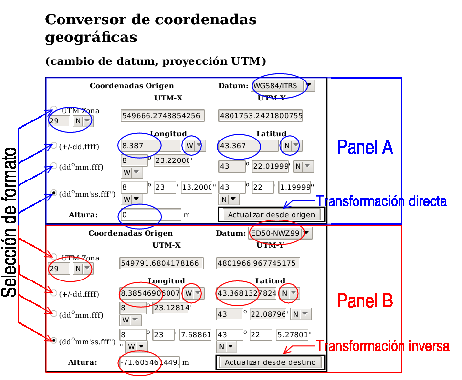 Figura 1: Interfaz gráca de la aplicación de cambio de datum y proyección UTM de un único