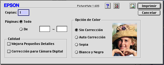 Macintosh OS 9 1. En el menú Archivo, seleccione Ajustar página. Verá la siguiente pantalla: Asegúrese que PictureMate aparece aquí. Seleccione la orientación de sus fotos. 2.