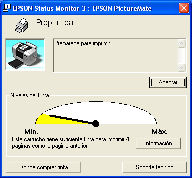 Monitor de estado para Windows Es posible verificar la tinta restante en el cartucho utilizando el monitor EPSON Status Monitor 3 o el indicador de progreso.