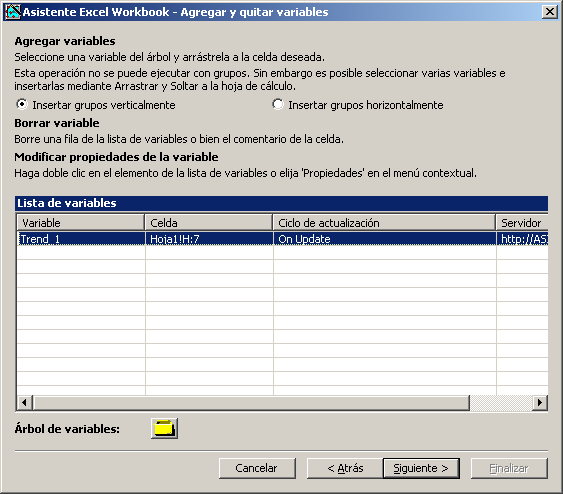 Documentación 4.6 Trabajar con Excel Workbook Requisitos El "Excel Workbook Wizard" está iniciado y hay un libro Excel configurado. El cuadro de diálogo "Agregar/borrar variables" está abierto.
