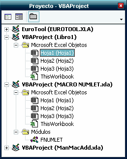 El editor contiene 3 ventanas principales: la Ventana Proyecto (parte izquierda superior), la Ventana de Código (parte derecha) y la Ventana Propiedades (parte izquierda inferior).