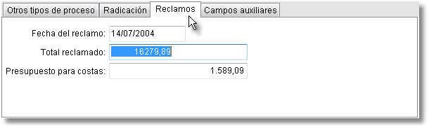 Presionando sobre la solapa de Reclamo, aparecen los campos complementarios de dicha solapa Fecha de reclamo y total reclamado Campo numérico y fecha.