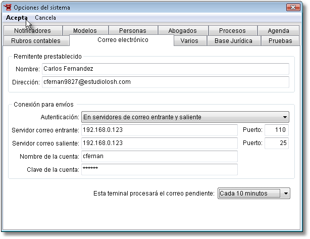 Esta pantalla permite definir los diferentes parámetros para la configuración de los servicios de correo electrónico.