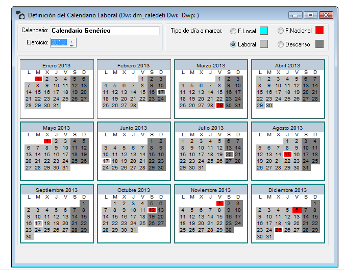 1. CALENDARIO LABORAL 2013 Como todos los principios de año hay que configurar el nuevo calendario laboral, marcando festivos locales, nacionales y días de descanso.