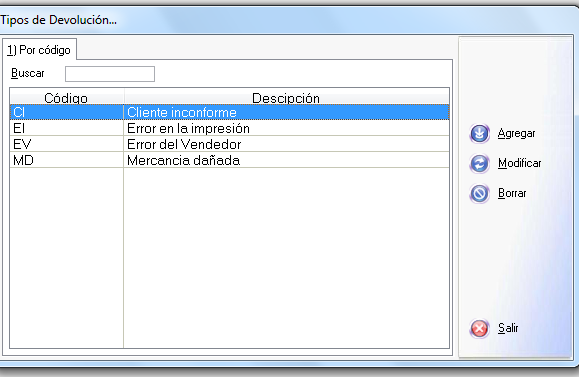 Al seleccionar esta opción se mostraran los tipos de devoluciones configurados en el sistema por defecto.