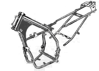Los extremos inferiores del tubo frontal y del tubo del sillín están separados y conectados de forma rígida por una cuna que abraza el motor.