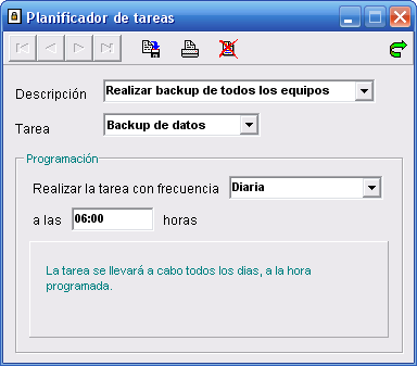 Herramientas 8.5 82 Planificardor de tareas Esta ventana permite la programación de tareas según la lista desplegable del campo "Tarea".