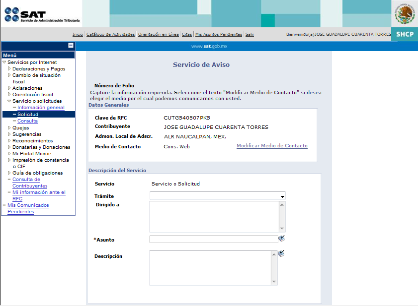 Al seleccionar <Solicitud> se mostrará la pantalla con el formulario de Servicio de Aviso. Paso 19.2.