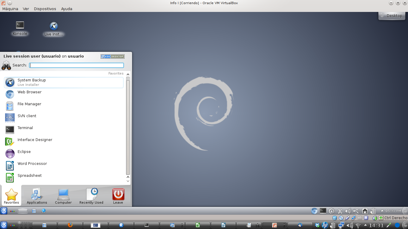 Fig 15. Maquina virtual booteada en modo Live Fig. 16. Selección de opción para instalar Debian en la máquina virtual.