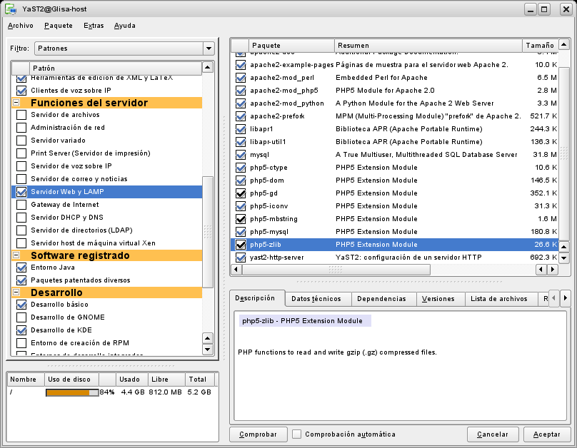 7 / 24 Figura 3.6: Pantalla principal de instalación y desintalación de paquetes. En la parte superior derecha de la pantalla aparece una etiqueta llamada filtro y una lista desplegable.