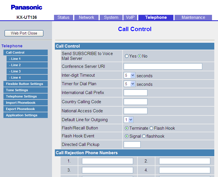 4.6.1 Call Control 4.6.1 Call Control Desde esta pantalla podrá configurar varias funciones de llamada comunes a todas las líneas. 4.6.1.1 Call Control Send SUBSCRIBE to Voice Mail Server Selecciona si la petición del ABONADO se enviará a un servidor de correo vocal.