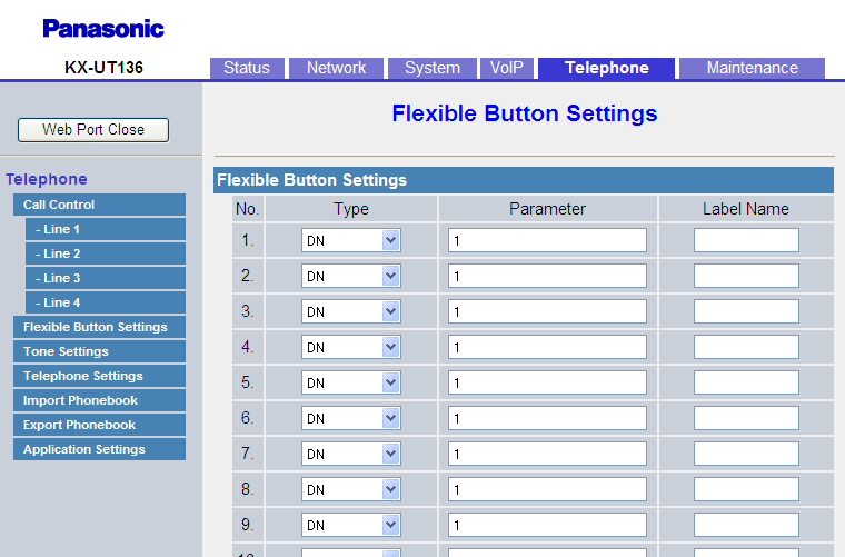 4.6.3 Flexible Button Settings (sólo KX-UT133 / KX-UT136 / KX-UT248) Máx. 32 caracteres Este campo no puede dejarse vacío si [No Answer (Enable Call Forward)] está ajustado a [Yes]. No guardado.
