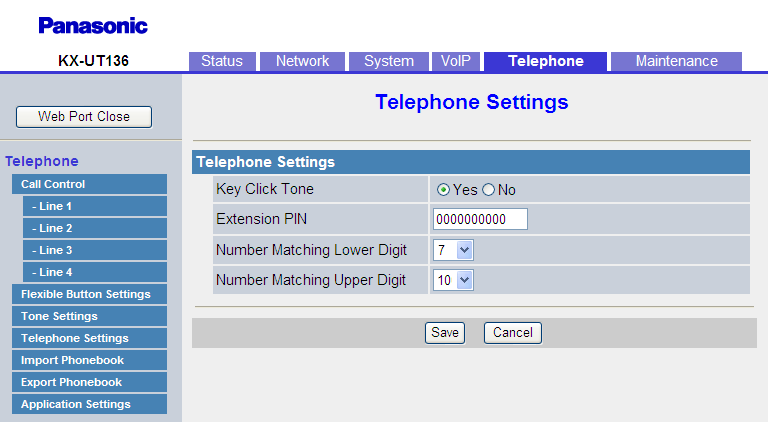 4.6.5 Telephone Settings 60,250,190 0 16000 (0: Tiempo infinito) Evite ajustar 1 50 para estos valores. REORDER_TONE_TIMING (Página 217) 4.6.5 Telephone Settings Desde esta pantalla puede configurar varios ajustes de teléfono.