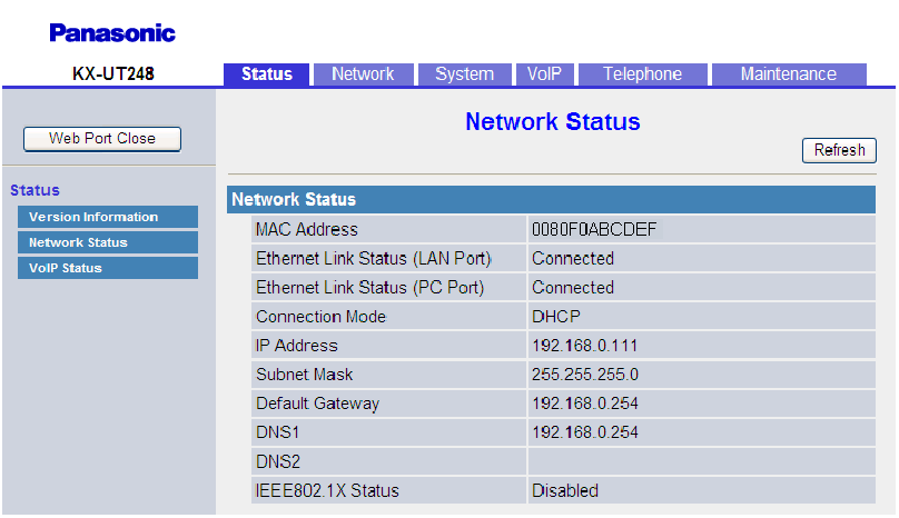 4.2.2 Network Status Versión actual del firmware 4.2.2 Network Status Esta pantalla permite visualizar la actual información de red de la unidad, como la dirección MAC, la dirección IP, el estado del puerto Ethernet, etc.