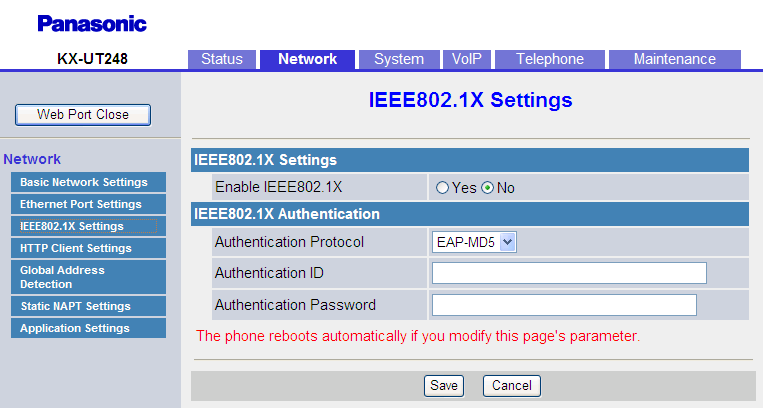 4.3.3 IEEE802.1X Settings (sólo para KX-UT248) 4.3.3 IEEE802.1X Settings (sólo para KX-UT248) Esta pantalla permite configurar ajustes relacionados con el protocolo de red IEEE 802.1X. 4.3.3.1 IEEE802.
