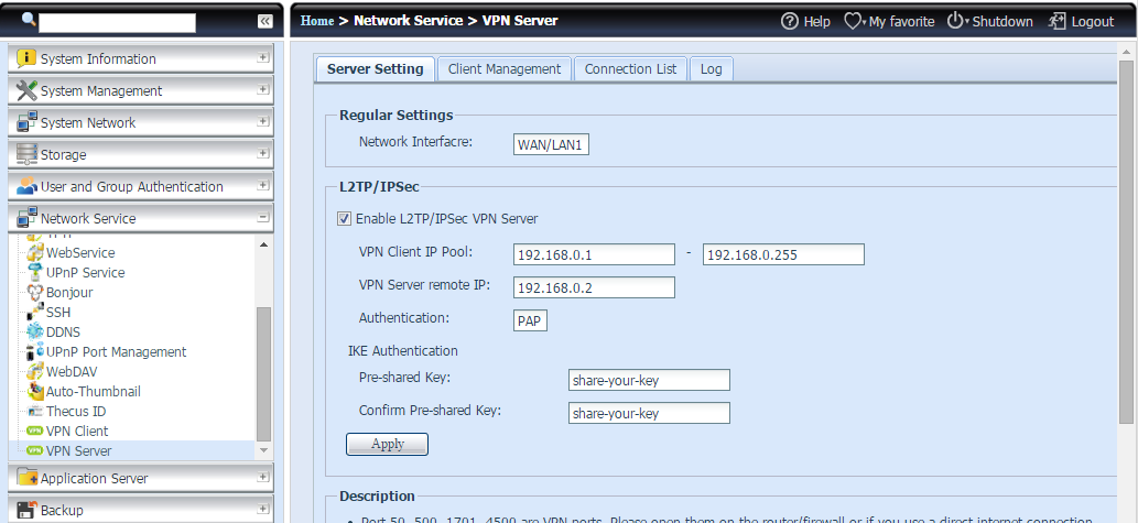 NOTA La conexión del servidor VPN sólo permite PPTP. Servidor VPN Este NAS incorpora un servidor VPN que permite un seguro acceso remoto a tu equipo.