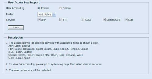 Registro de acceso de usuario Elemento User access log Descripció n Permite habilitar o deshabilitar el servicio de