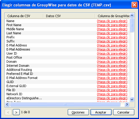 La columna de los campos CSV muestra los campos de datos tal y como figuran en el archivo.csv.