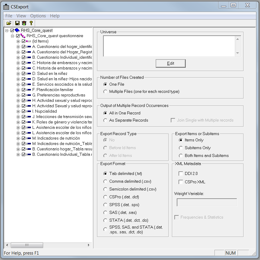 Para ejecutar export seleccione en la barra de herramientas Run, y seleccione el archivo de datos PSU_001 en el directorio C:\Capacity Building\cspro\data_entry\data pulsar el botón Open y en la