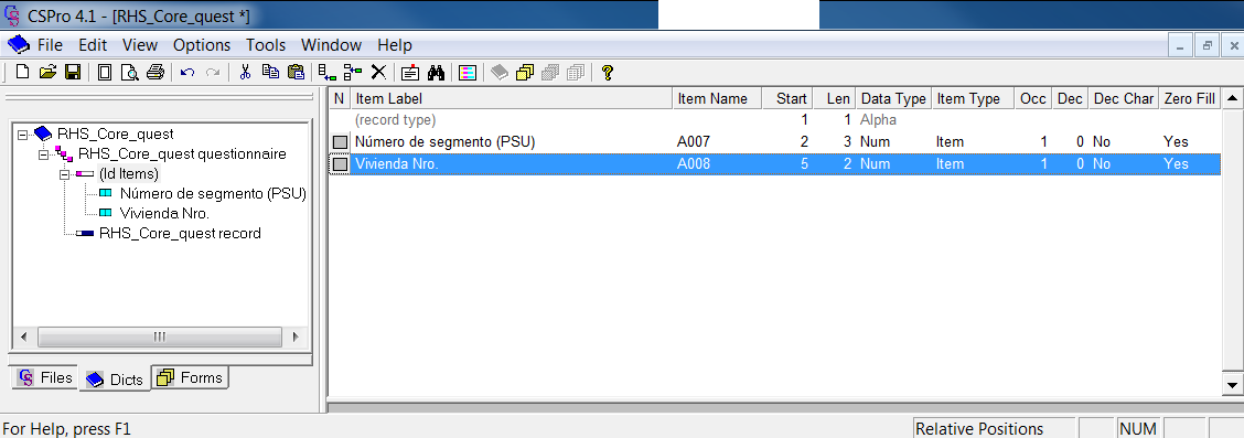 La configuración de las variables A007 y A008 en sección (id Items) se muestra en la