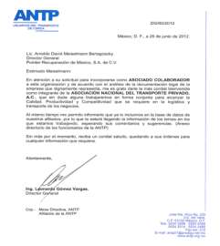Certificaciones y permisos de Pointer México. Somos miembros activos de la ANTP (Asociación Nacional del Transporte Privado, A.C.).