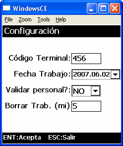 ACERCA DEL SOFTWARE 5. Configuración CODIGO TERMINAL: Para ingresar código de terminal. FECHA TRABAJO: para seleccionar la fecha de Trabajo. VALIDAR TRAB.