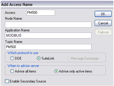 Nota: No cierre el software I/O Server Modbus. Abra el software InTouch En la barra del principal, haga clic en Special, seguidamente en Access Names.