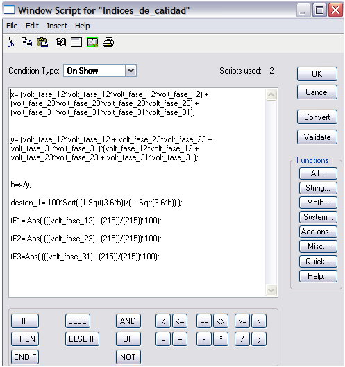 Programación usando Window Script para cálculos internos en Intouch. Figura 2.96 Donde; Desten_1 es el Desbalance trifásico en tensión.