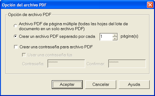 3. En la [Opción del archivo PDF], seleccione [Crear un archivo PDF separado por cada xx página(s)] e inserte el número (la cantidad de páginas por archivo).
