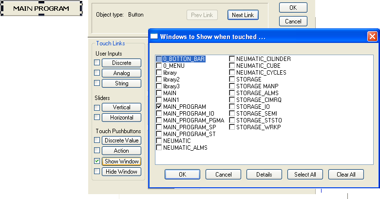 La figura 5.27 ejemplifica la configuración de un botón y se muestra como el propio editor enlista las ventanas existentes para seleccionar la deseada. Figura 5.